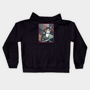 Cute Black and white kitty on art deco design Kids Hoodie